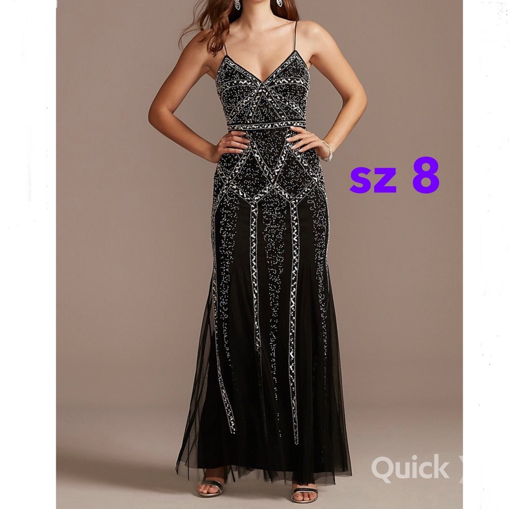 Marina Deco Beaded Mesh A-Line Gown